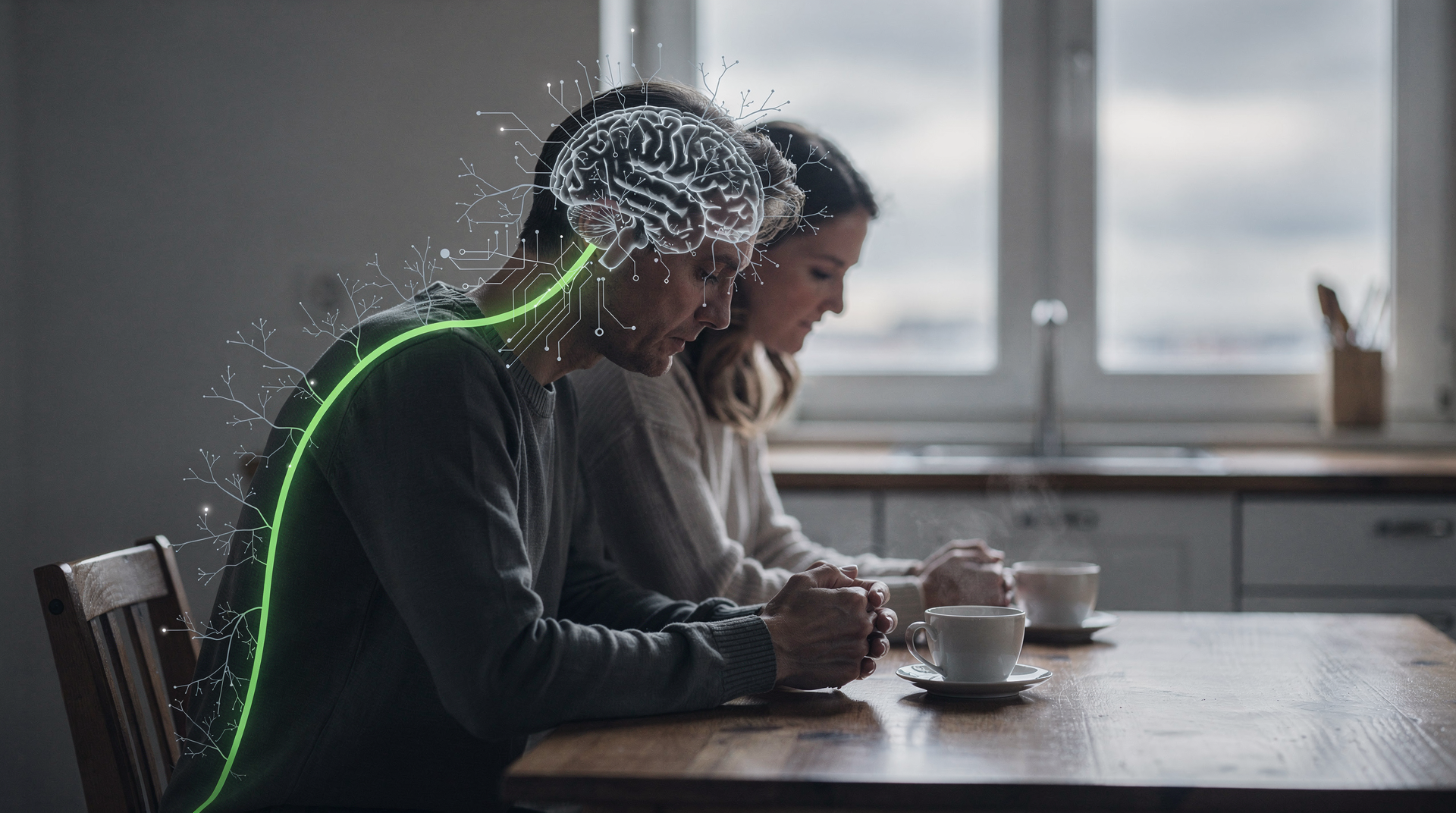 A person reeling from infidelity sits at a table, painfully looking through old photos, trying to find answers in the past.