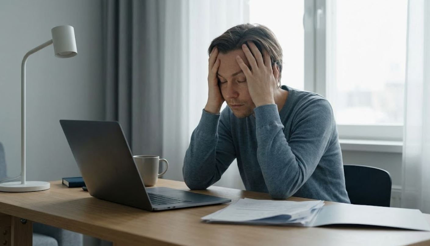Крупный план человека, сидящего за минималистичным домашним столом. Он держит голову обеими руками, глаза закрыты — выражение глубокой ментальной усталости. Мягкий дневной свет подчеркивает внутреннее напряжение, не создавая при этом мрачности.
