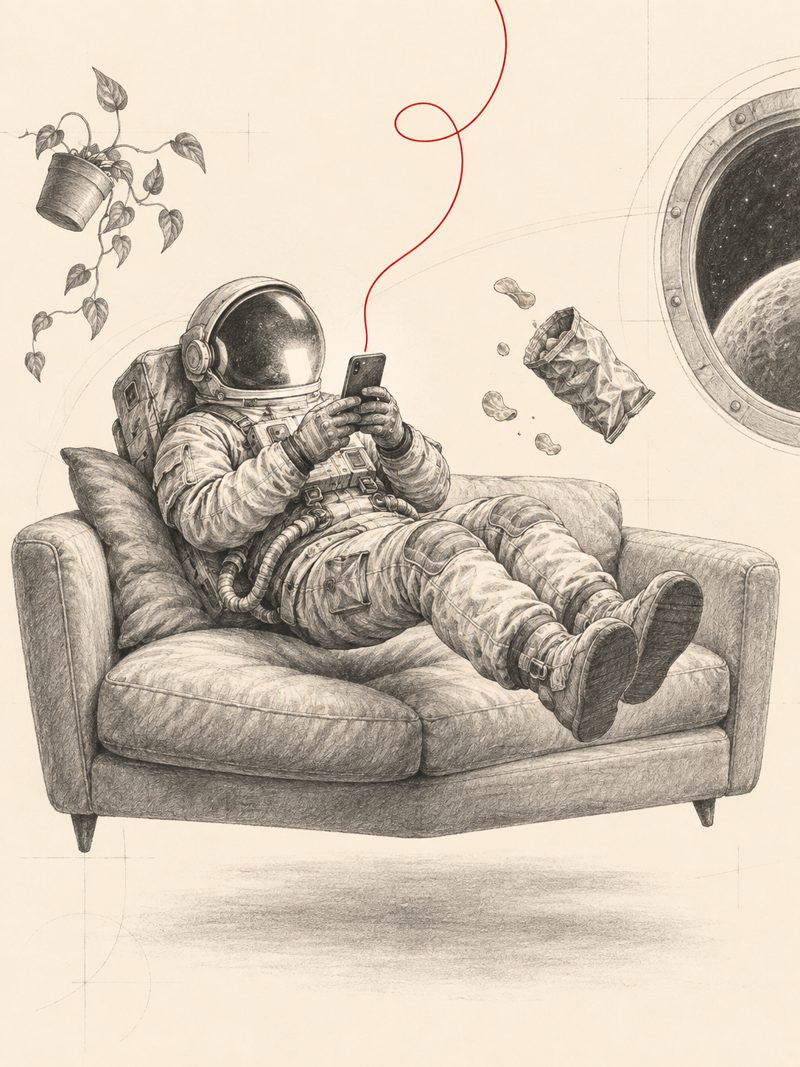Pencil drawing: an astronaut floating in zero gravity on a couch with a smartphone