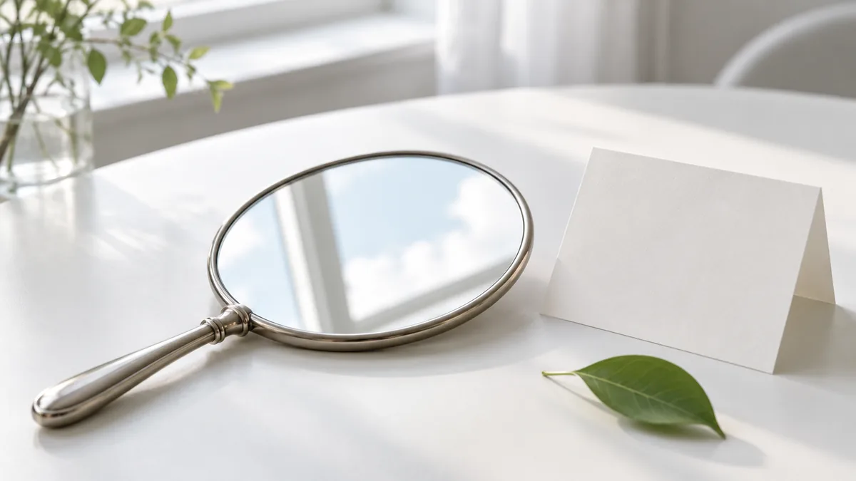 A hand mirror on a white table reflecting the sky, a blank card and a green leaf beside it