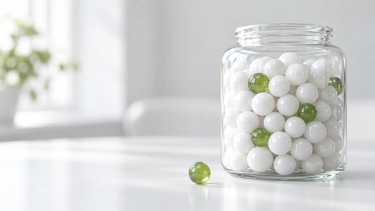 A glass jar of white marbles with a few green ones; one green marble lies beside it