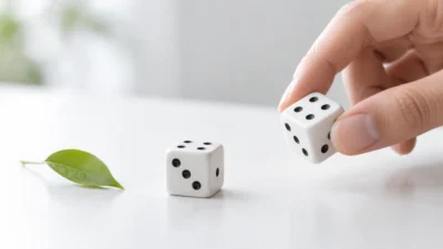 Два игральных кубика на белом столе, один из них берёт рука