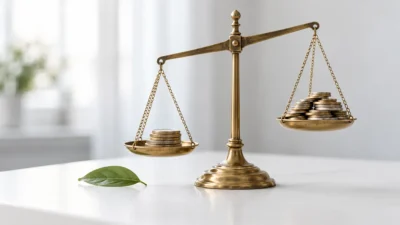 Старинные весы с монетами: чаша с меньшей стопкой опустилась ниже