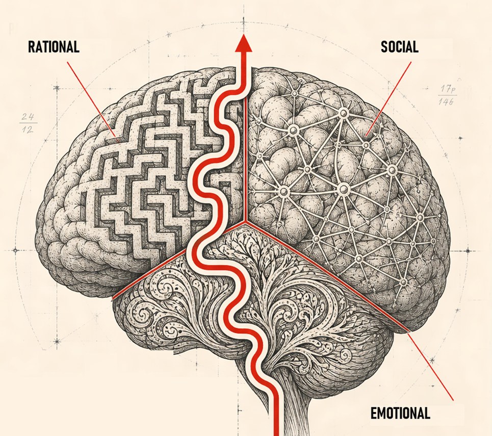 Illustration from the cover: a brain divided into rational, social and emotional parts, with a red line running through it